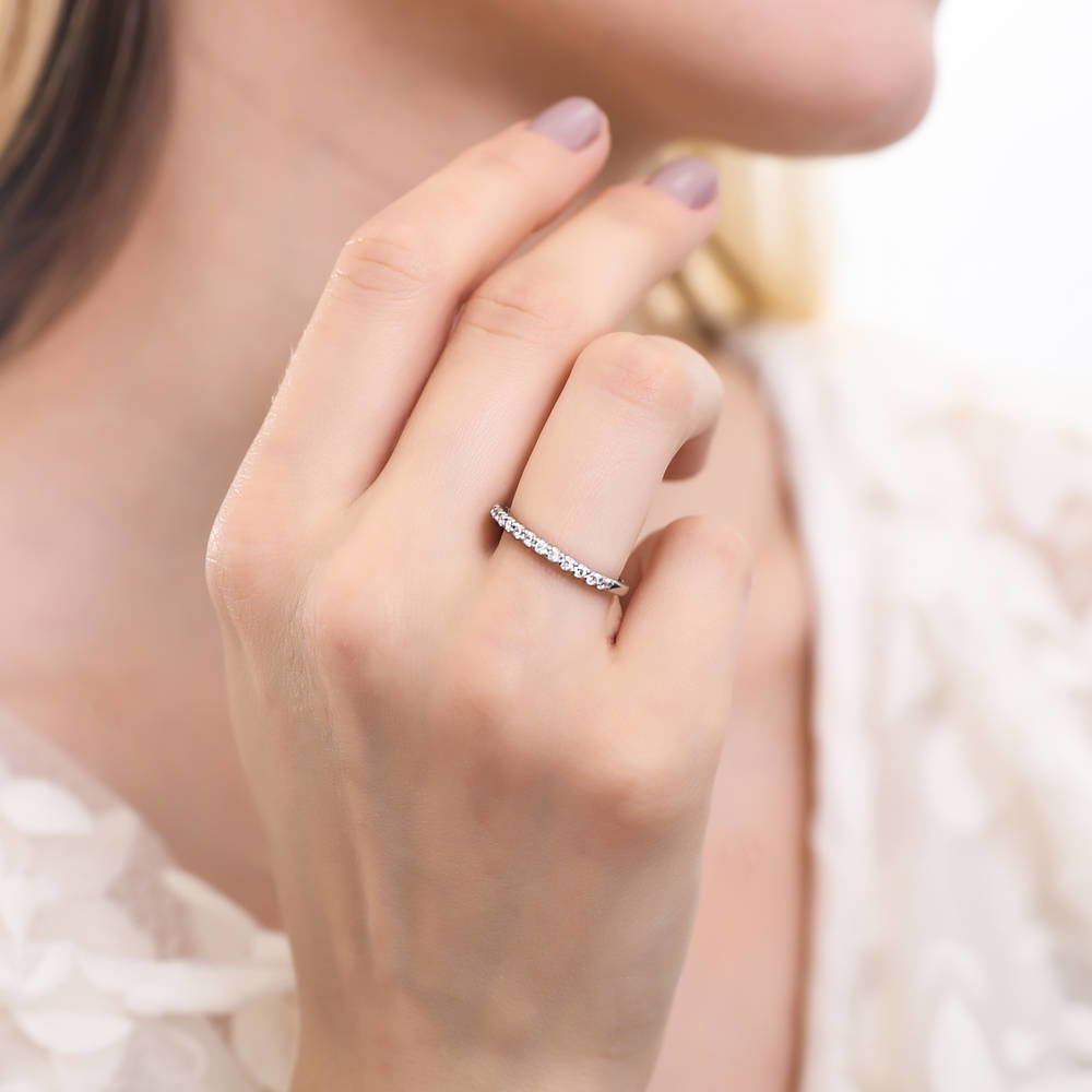 Model wearing Halo Round CZ Insert Ring Set in Sterling Silver, 11 of 11