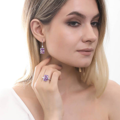 Solitaire Purple Radiant CZ Leverback Earrings in Sterling Silver