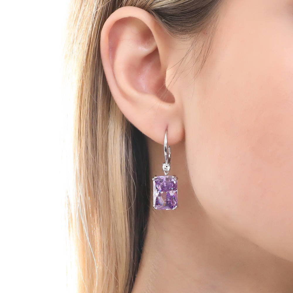 Solitaire Purple Radiant CZ Leverback Earrings in Sterling Silver
