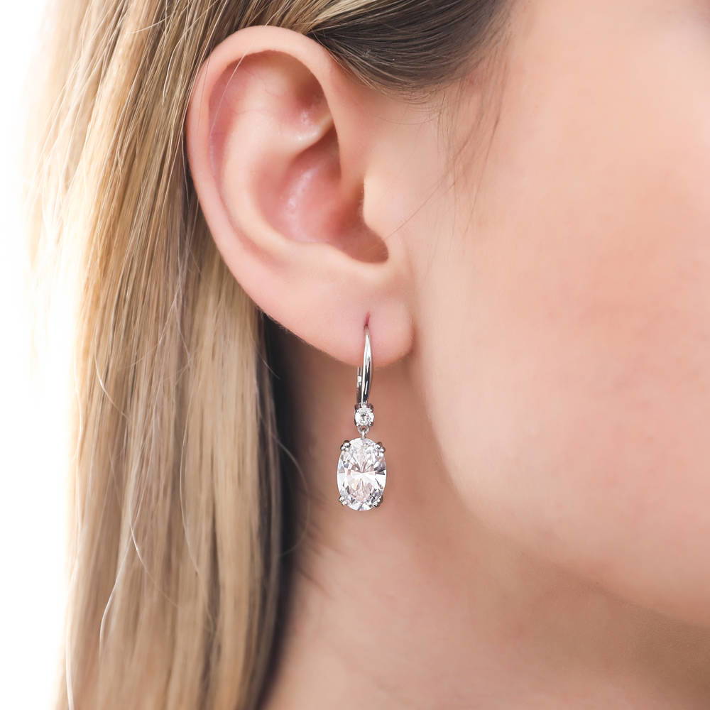 Solitaire 6ct Oval CZ Leverback Dangle Earrings in Sterling Silver