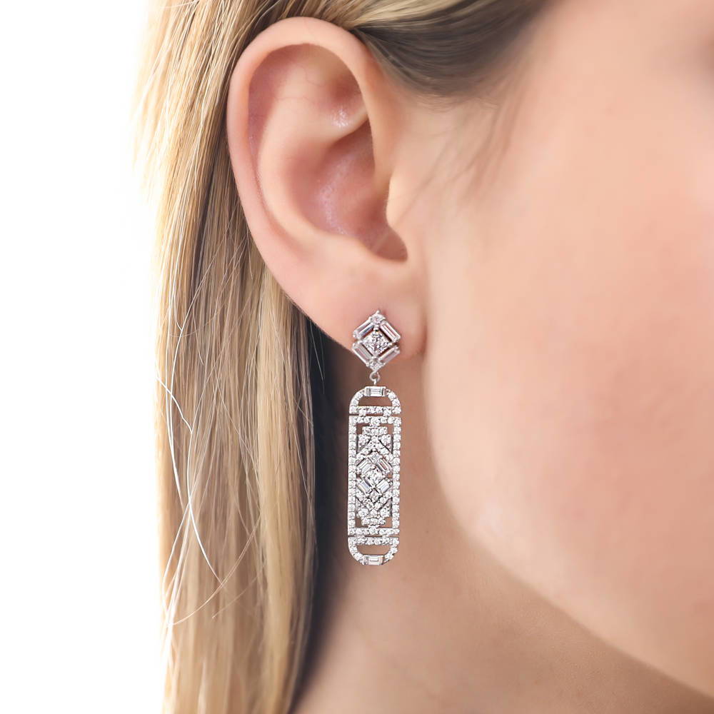 Model wearing Bar Art Deco CZ Earrings in Sterling Silver, 2 of 4