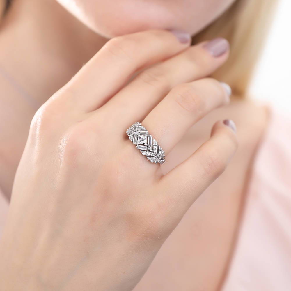 Model wearing Bar Art Deco CZ Ring in Sterling Silver, 2 of 8