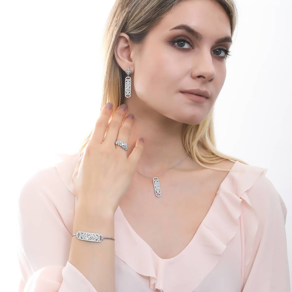 Model wearing Bar Art Deco CZ Earrings in Sterling Silver, 3 of 4