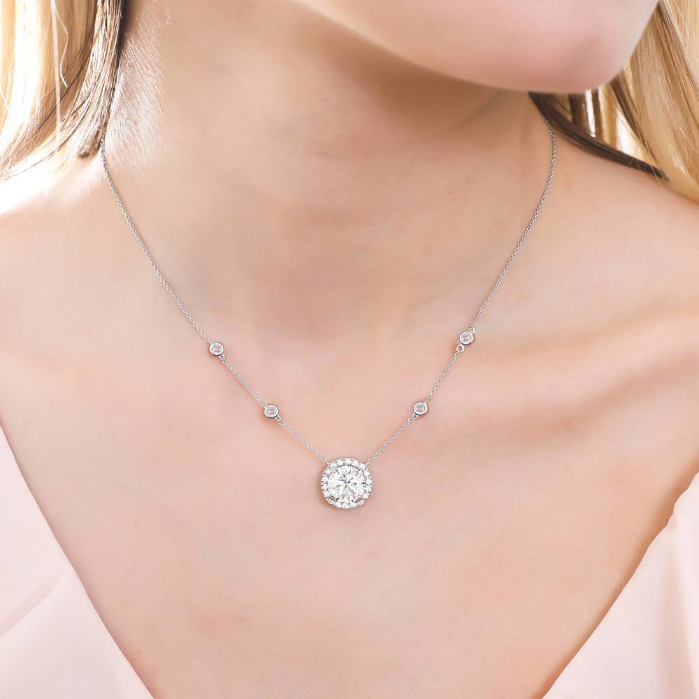 Halo Round CZ Statement Pendant Necklace in Sterling Silver