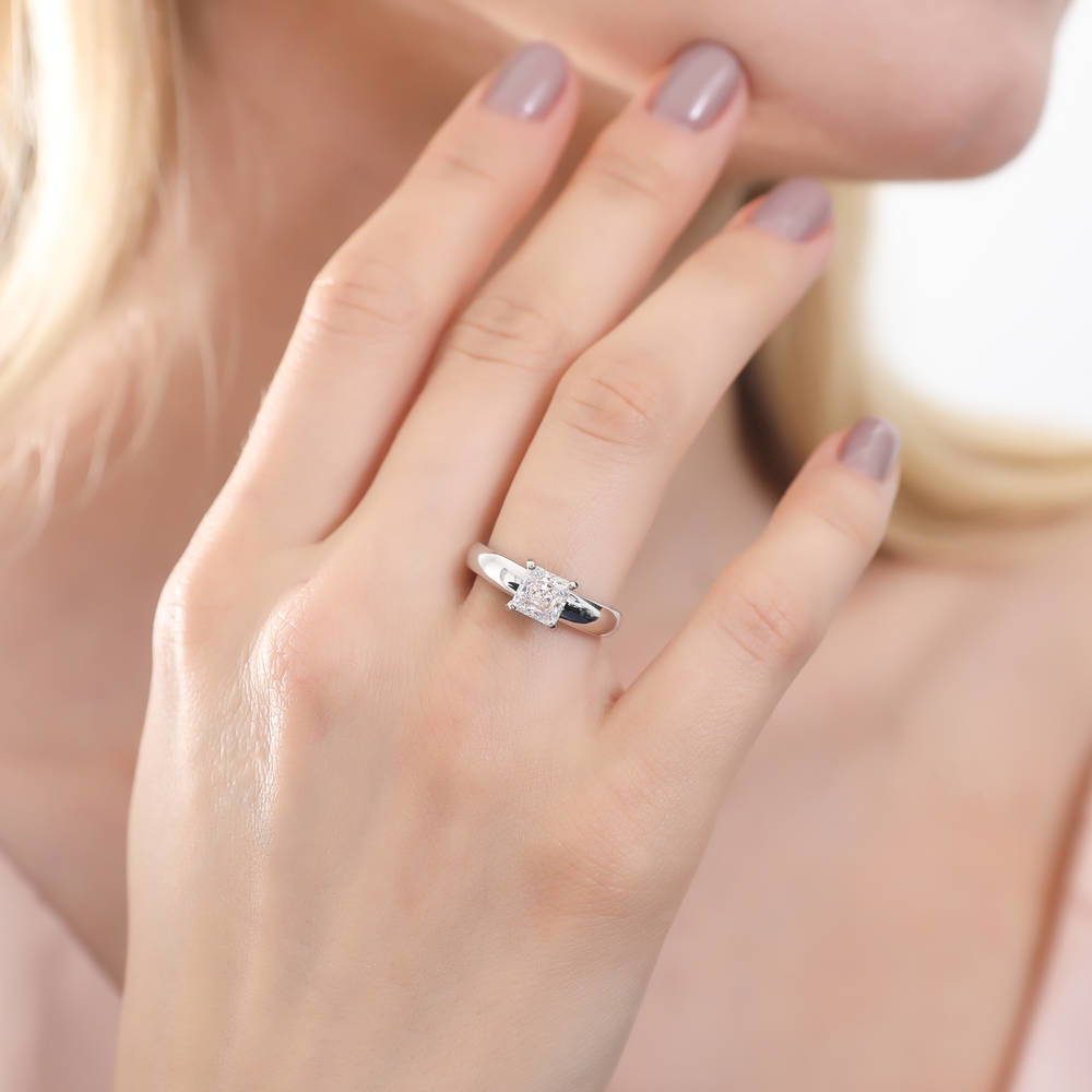 Model wearing Solitaire 1.2ct Princess CZ Ring Set in Sterling Silver, 7 of 11