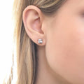 Model wearing Solitaire CZ Stud Earrings in Sterling Silver 2.5ct, Clear Color