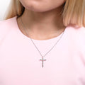 Model wearing Cross CZ Pendant Necklace in Sterling Silver, Rhodium Plated