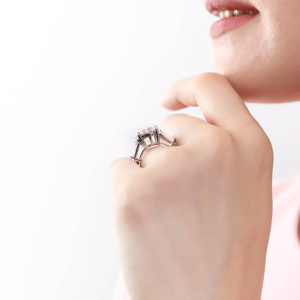 Model wearing 3-Stone 4.9ct CZ Ring in Sterling Silver, 7 of 8