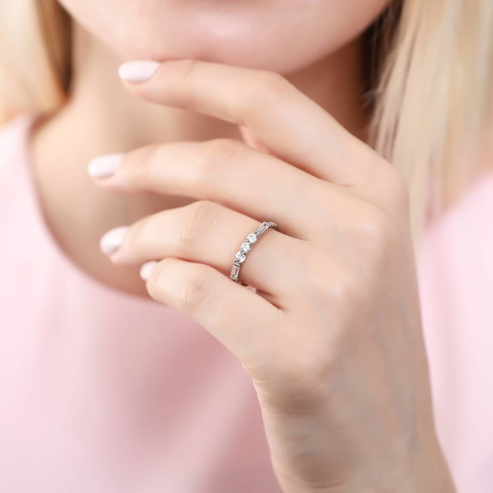 Model wearing Art Deco Pave CZ Eternity Ring in Sterling Silver, 2 of 7