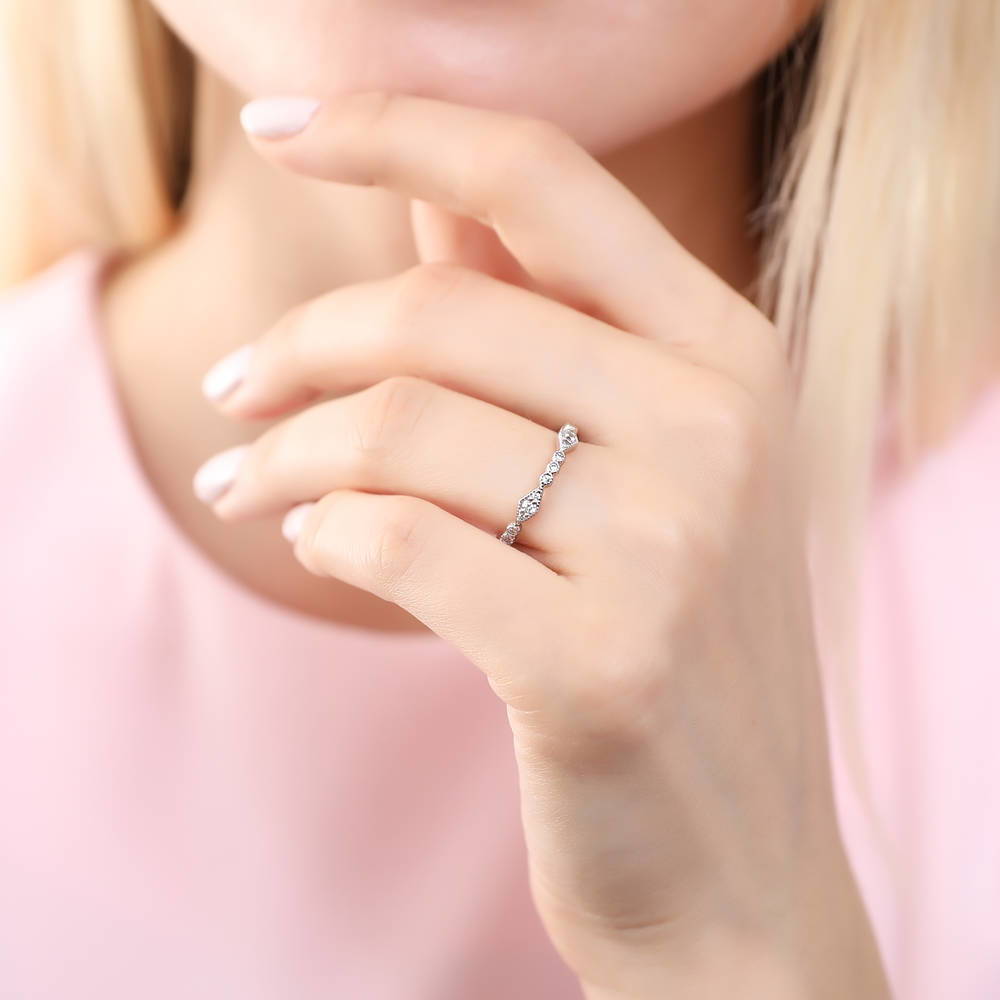 Model wearing Art Deco Pave CZ Eternity Ring in Sterling Silver, 2 of 4