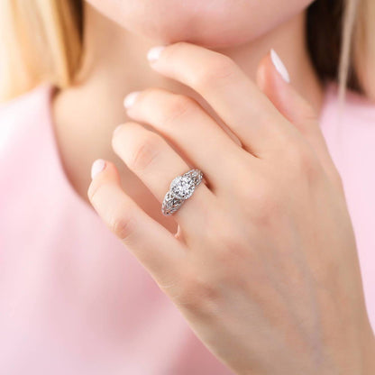 Halo Art Deco Milgrain CZ Ring in Sterling Silver
