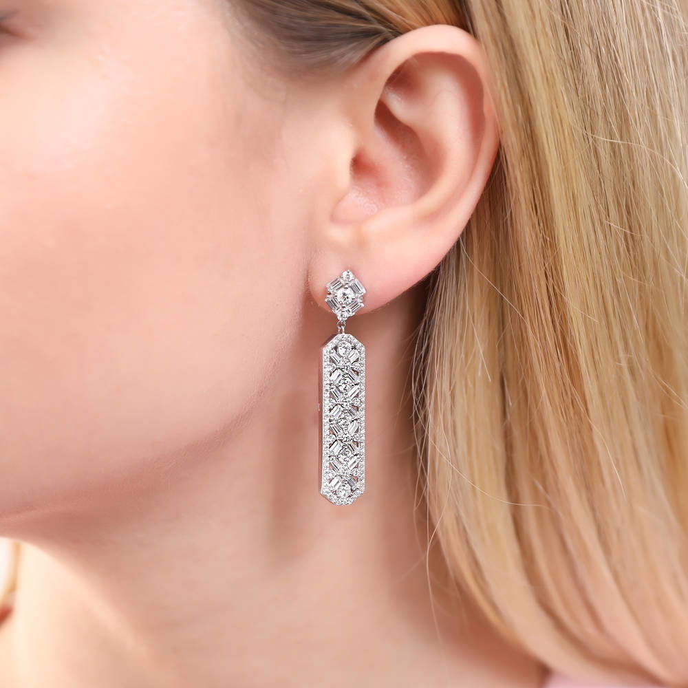 Bar Art Deco CZ Earrings in Sterling Silver