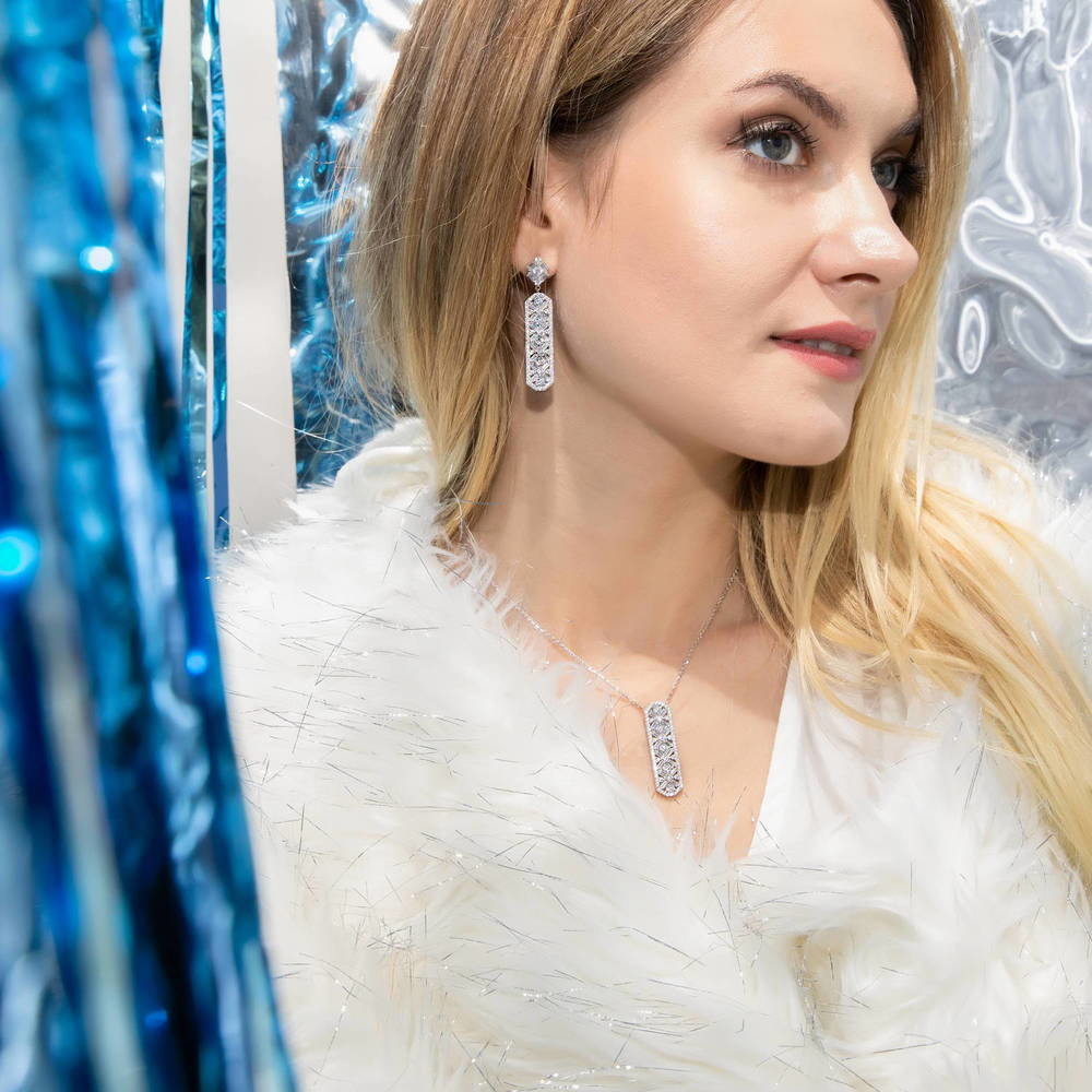 Bar Art Deco CZ Earrings in Sterling Silver