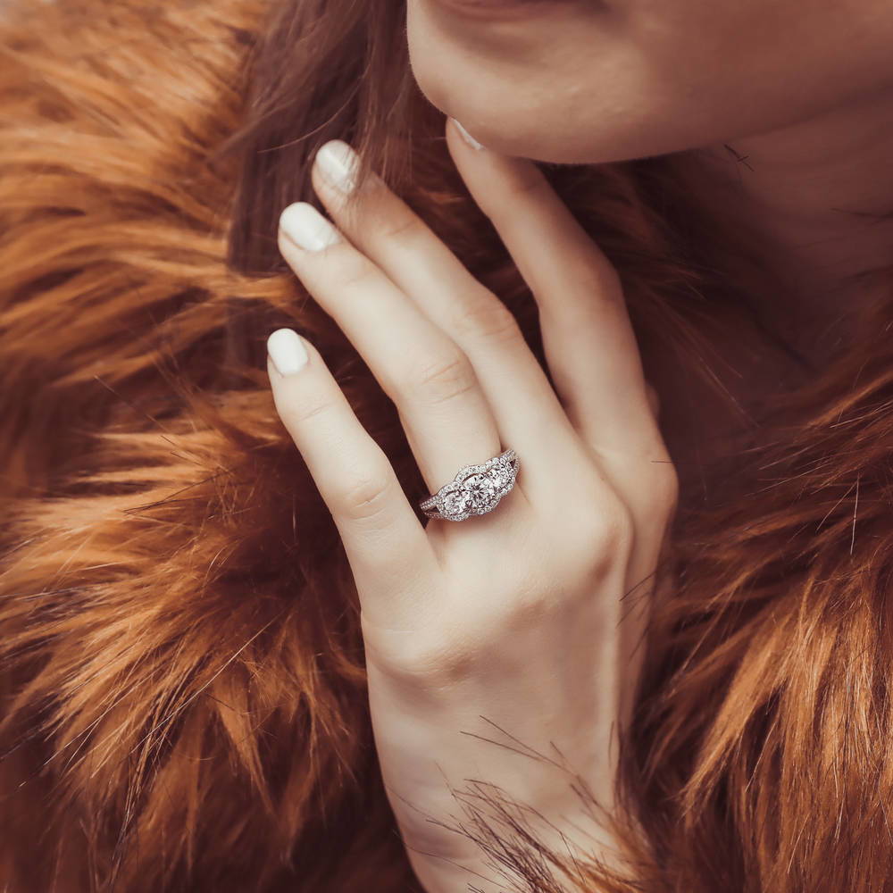 Model wearing 3-Stone 0.8ct CZ Split Shank Ring in Sterling Silver, 2 of 10