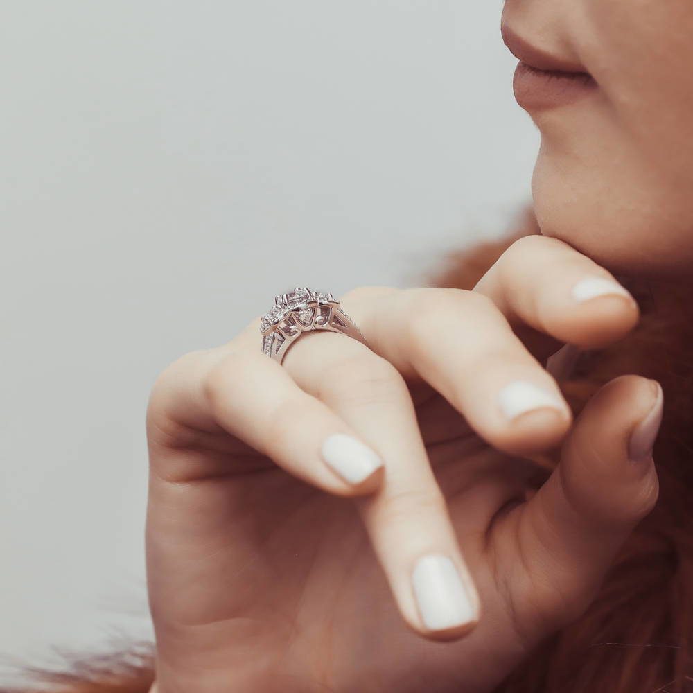 Model wearing 3-Stone 0.8ct CZ Split Shank Ring in Sterling Silver, 9 of 10