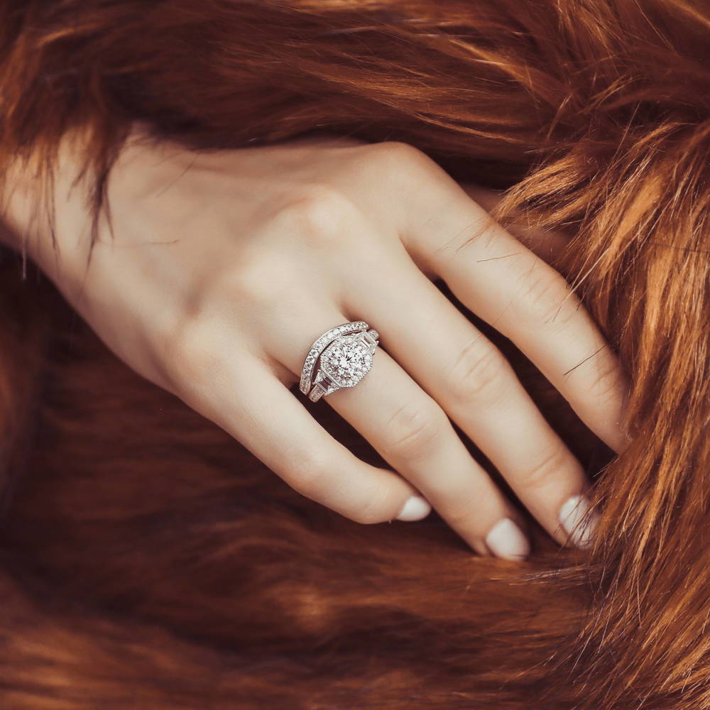 Model wearing Halo Art Deco CZ Ring Set in Sterling Silver, 2 of 13