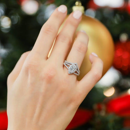 Halo Wishbone Pear CZ Split Shank Ring Set in Sterling Silver