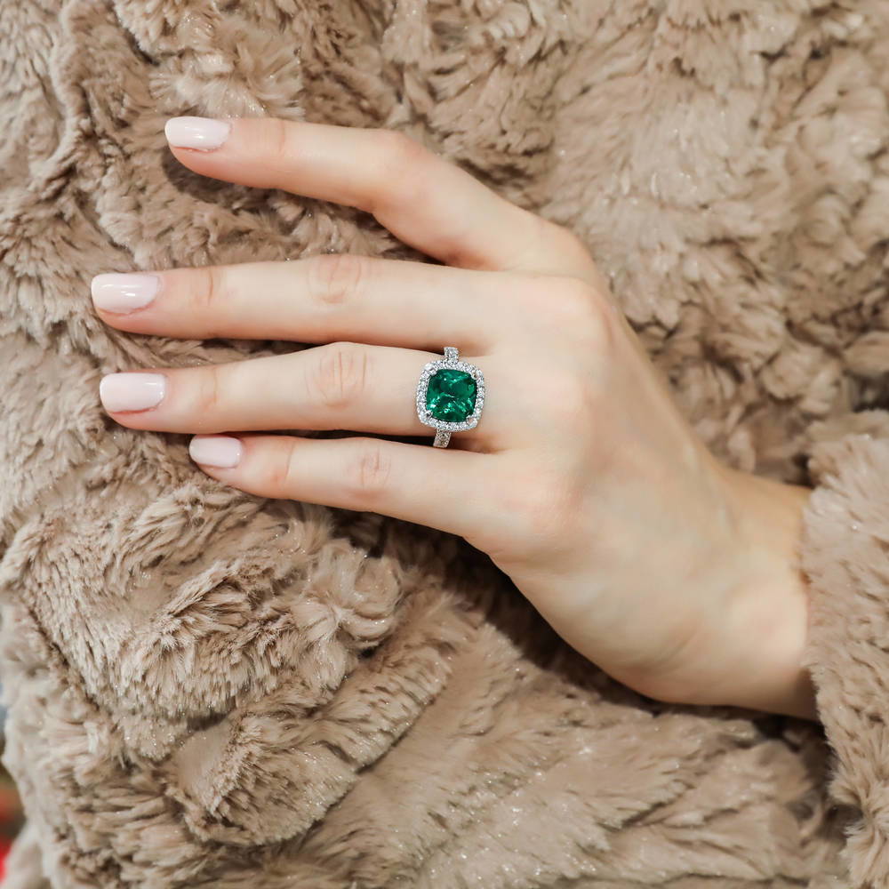 Halo Green Cushion CZ Ring in Sterling Silver