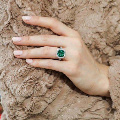 Halo Green Cushion CZ Ring in Sterling Silver