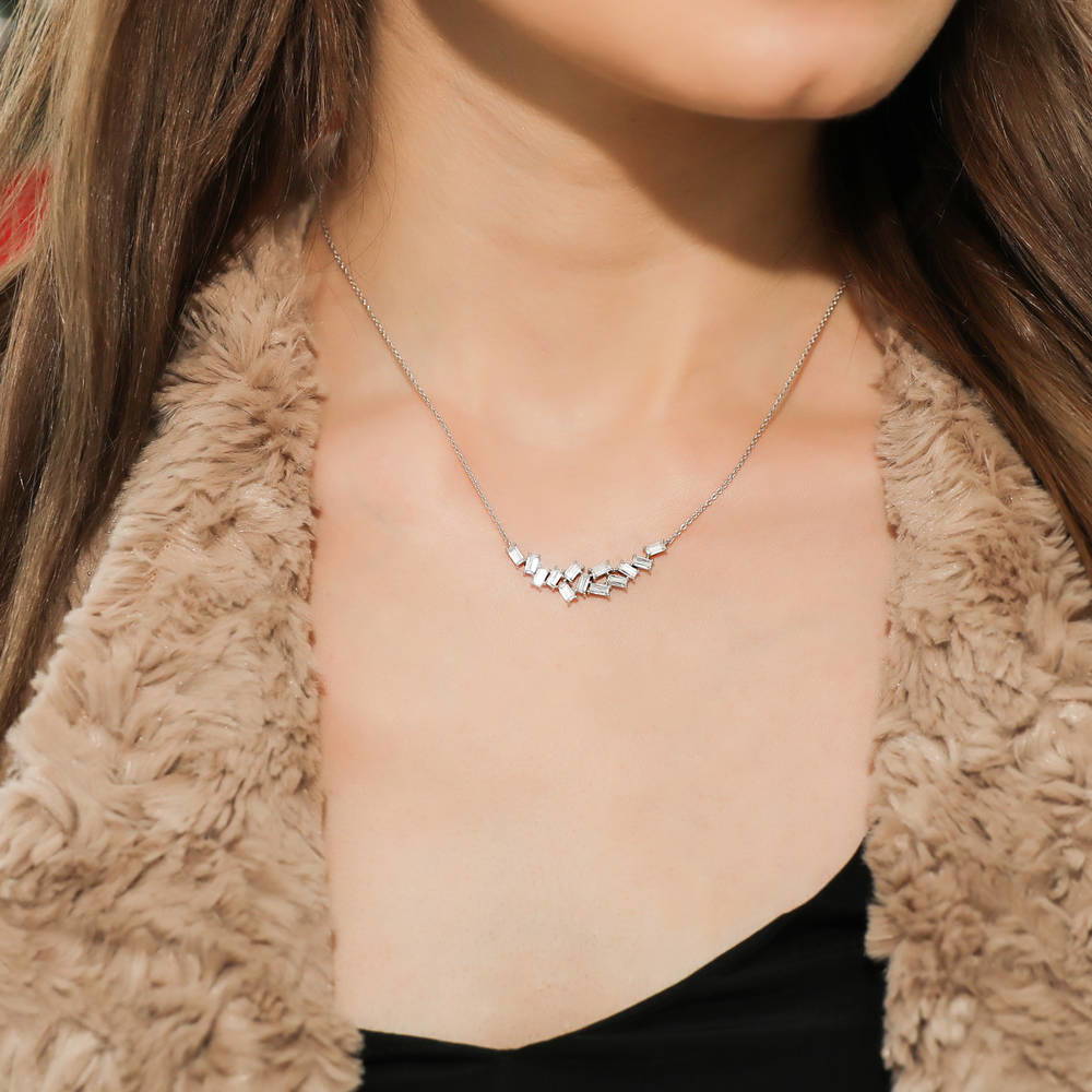 Model wearing Cluster Bar CZ Necklace in Sterling Silver, 2 of 5