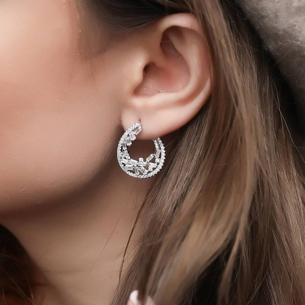 Model wearing Teardrop Cluster CZ Small Hoop Earrings in Sterling Silver 0.9 inch, 3 of 3