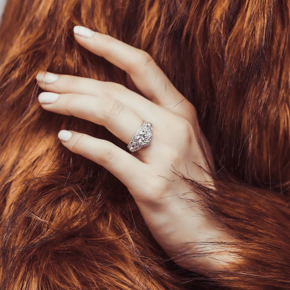 Halo Art Deco CZ Ring in Sterling Silver