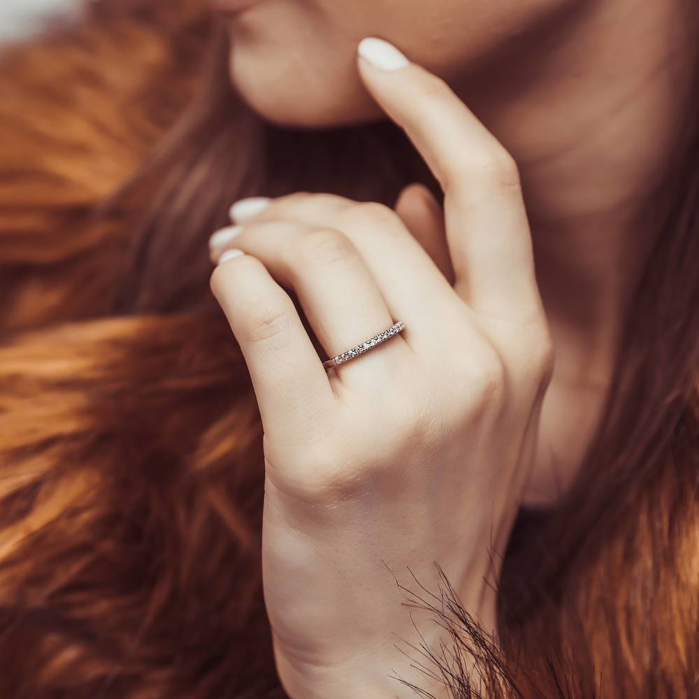 Model wearing Halo Oval CZ Ring Set in Sterling Silver, 12 of 14