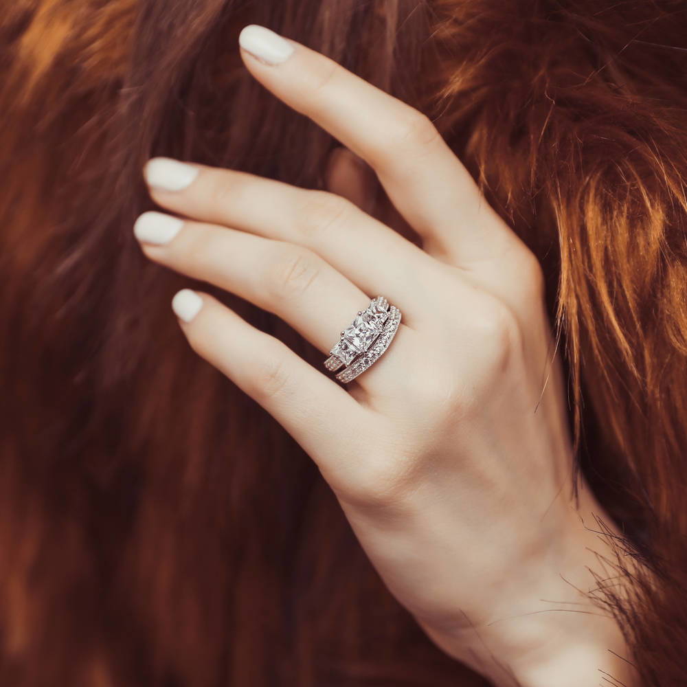 Model wearing 3-Stone 1.6ct Princess CZ Ring Set in Sterling Silver, 2 of 13