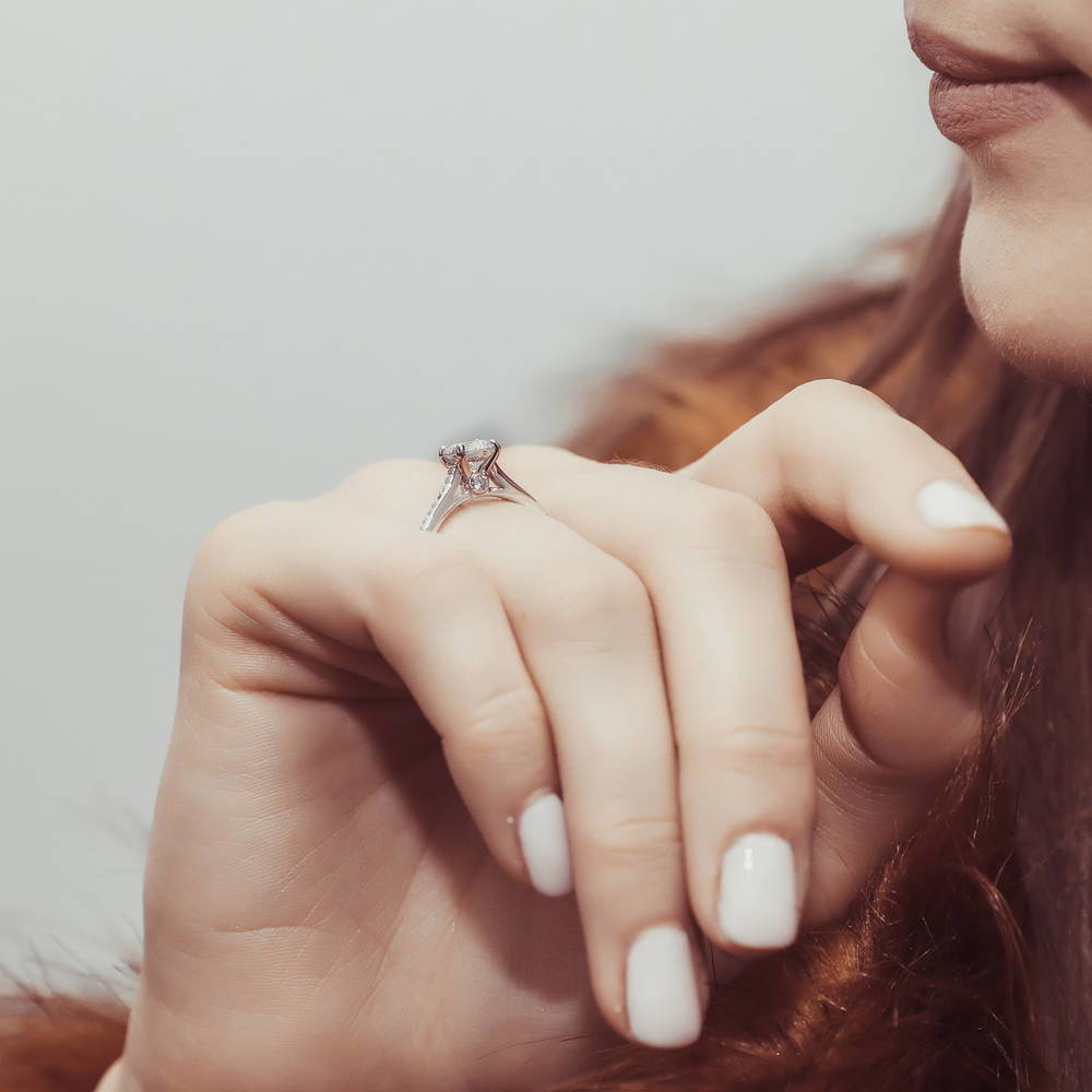 Model wearing Solitaire Wishbone 1ct CZ Ring Set in Sterling Silver, 15 of 18