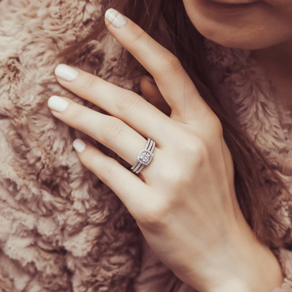 Model wearing Halo Cushion CZ Ring Set in Sterling Silver, 2 of 10