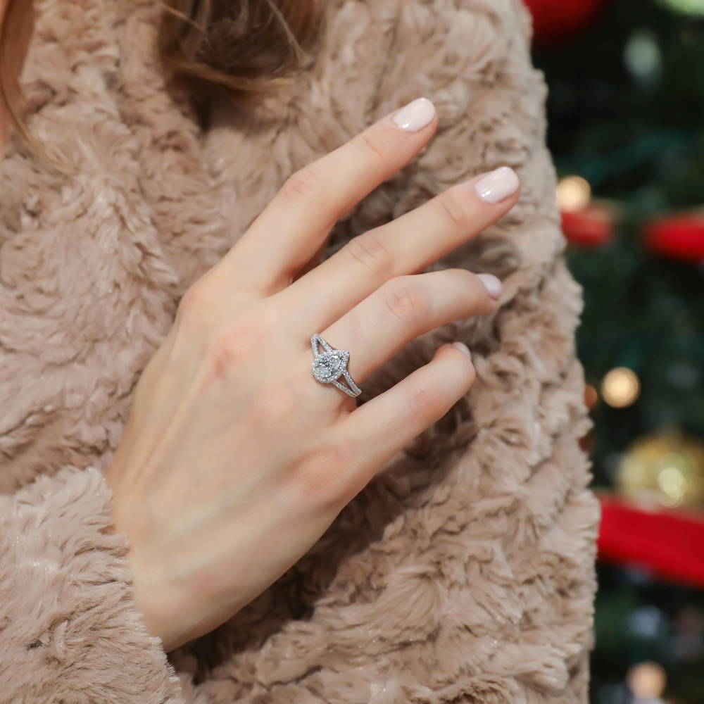 Halo Wishbone Pear CZ Split Shank Ring Set in Sterling Silver