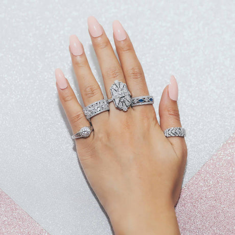 Image Contain: Model Wearing Art Deco Half Eternity Ring, Art Deco Ring, Bar Ring, Ring