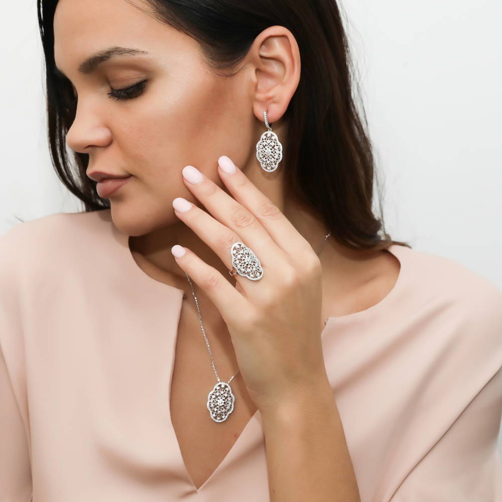Model wearing Flower Milgrain Art Deco Filigree CZ Set in Sterling Silver, 12 of 13