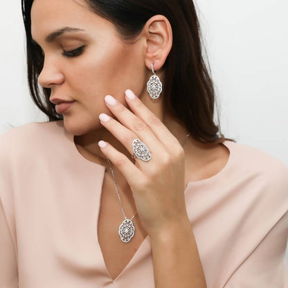 Flower Milgrain Art Deco Filigree CZ Set in Sterling Silver