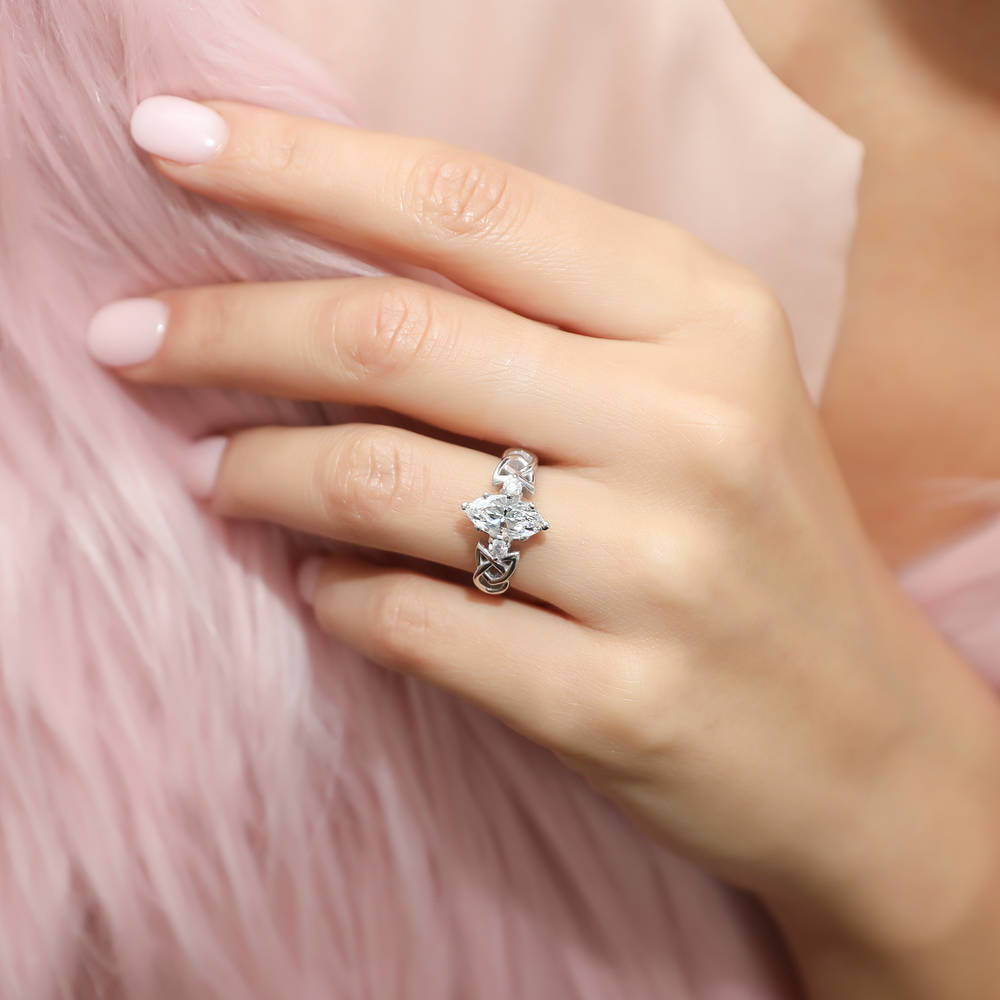 Model wearing Celtic Knot 3-Stone 1.6ct CZ Ring in Sterling Silver, 2 of 5