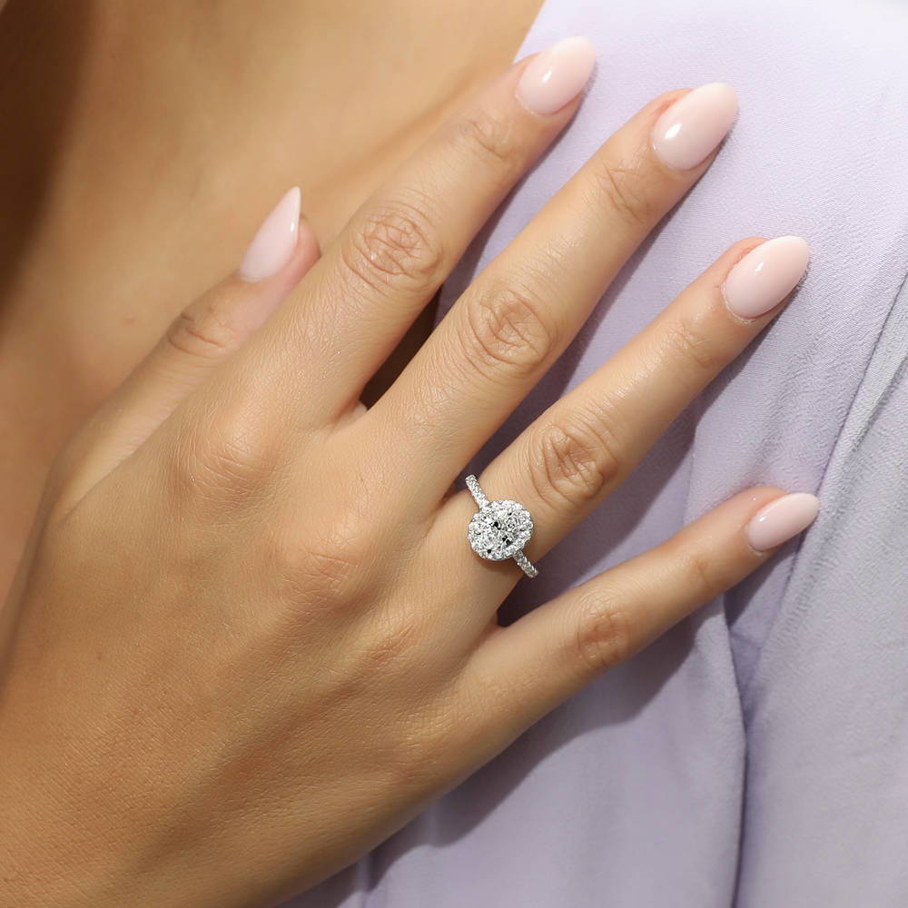 Model wearing Halo Oval CZ Ring Set in Sterling Silver, 7 of 14