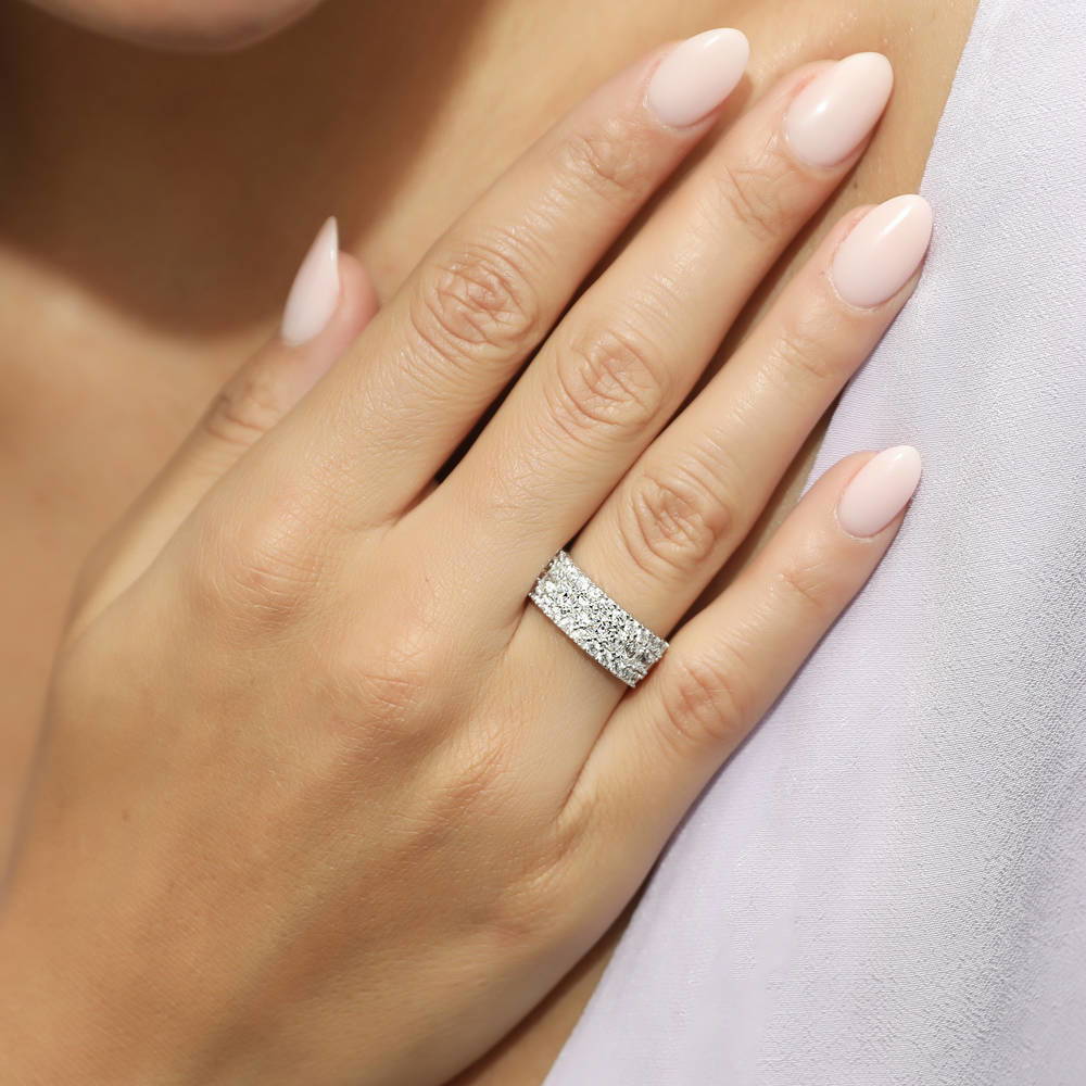 Model wearing Art Deco CZ Eternity Ring in Sterling Silver, 2 of 9