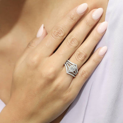 Halo Wishbone Pear CZ Split Shank Ring Set in Sterling Silver
