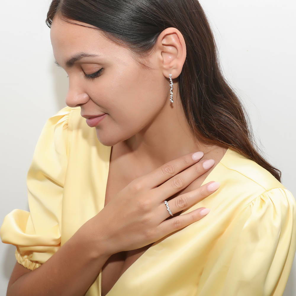 Model wearing Cluster Bar CZ Earrings in Sterling Silver, 3 of 5