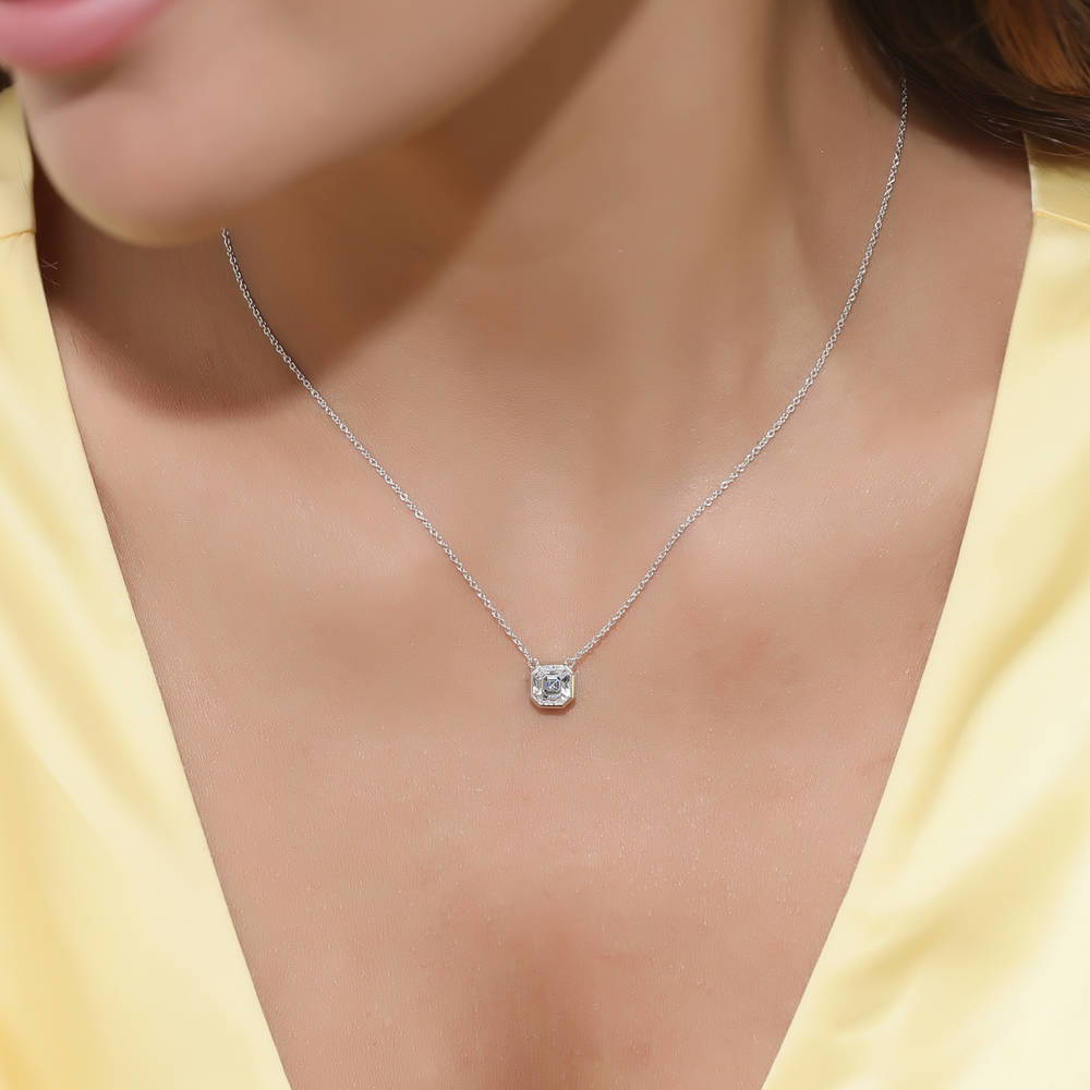 Model wearing Solitaire 1.2ct Bezel Asscher CZ Necklace in Sterling Silver, 2 of 4