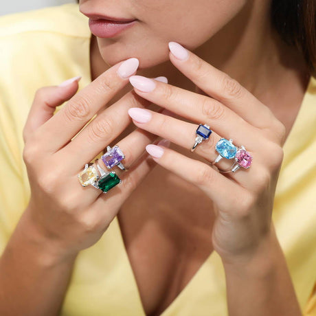 Image Contain: Model Wearing 3-Stone Ring, Solitaire with Side Stones Ring