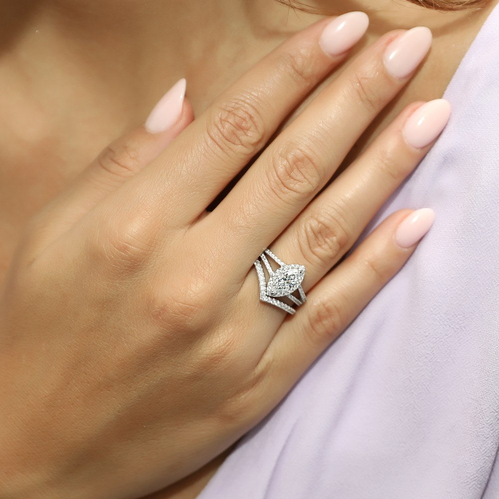 Model wearing Halo Wishbone Marquise CZ Split Shank Ring Set in Sterling Silver, 2 of 10