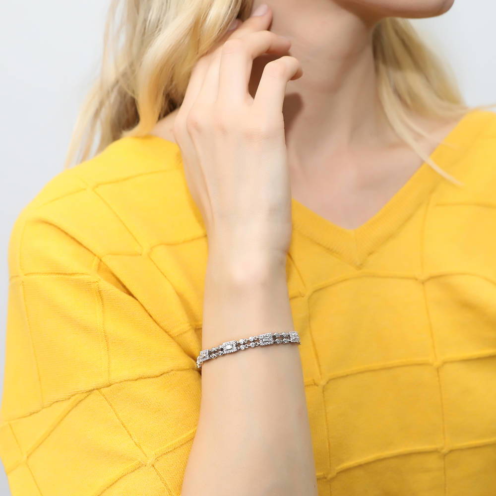Model wearing Art Deco CZ Chain Bracelet in Sterling Silver, 5 of 12