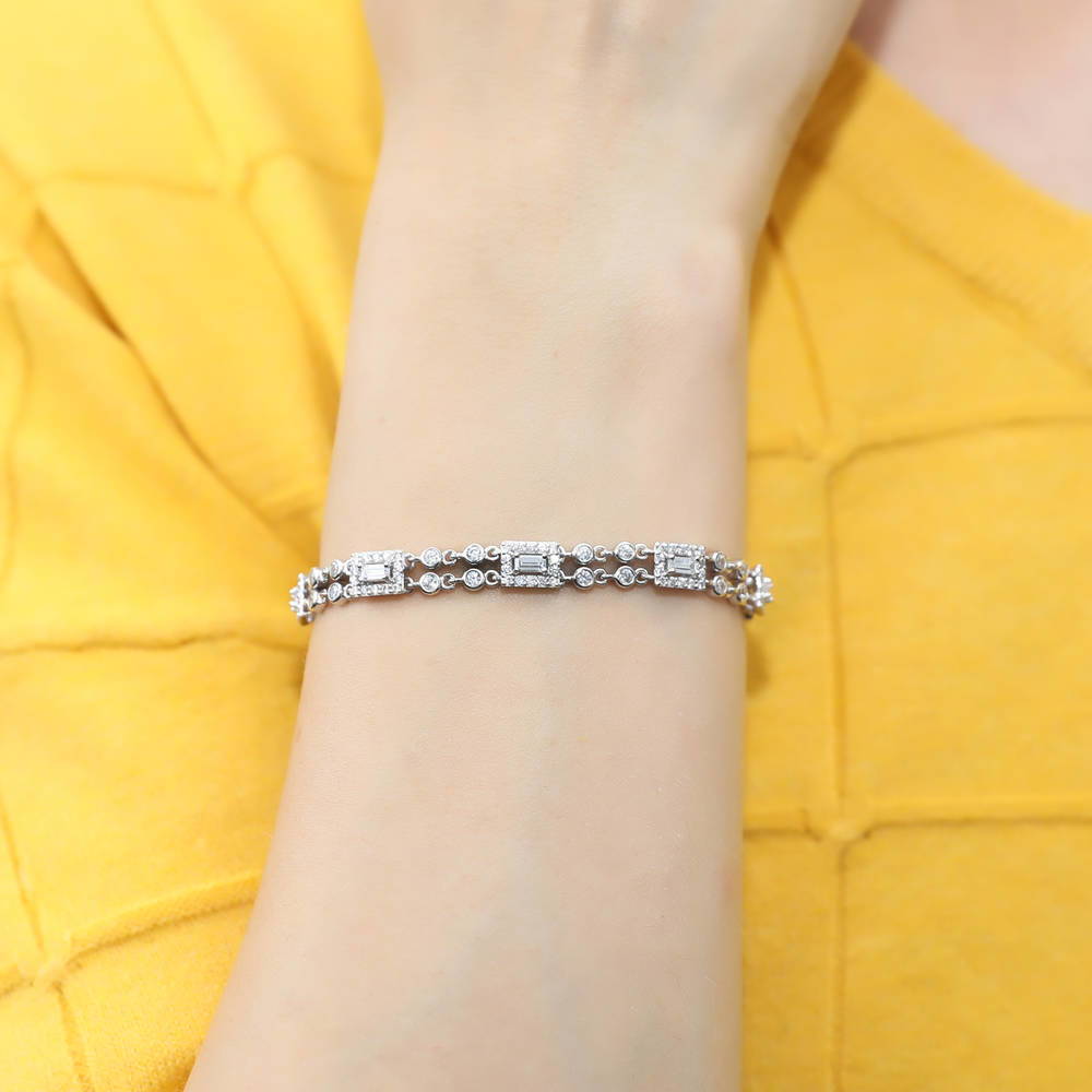 Model wearing Art Deco CZ Chain Bracelet in Sterling Silver, 2 of 12