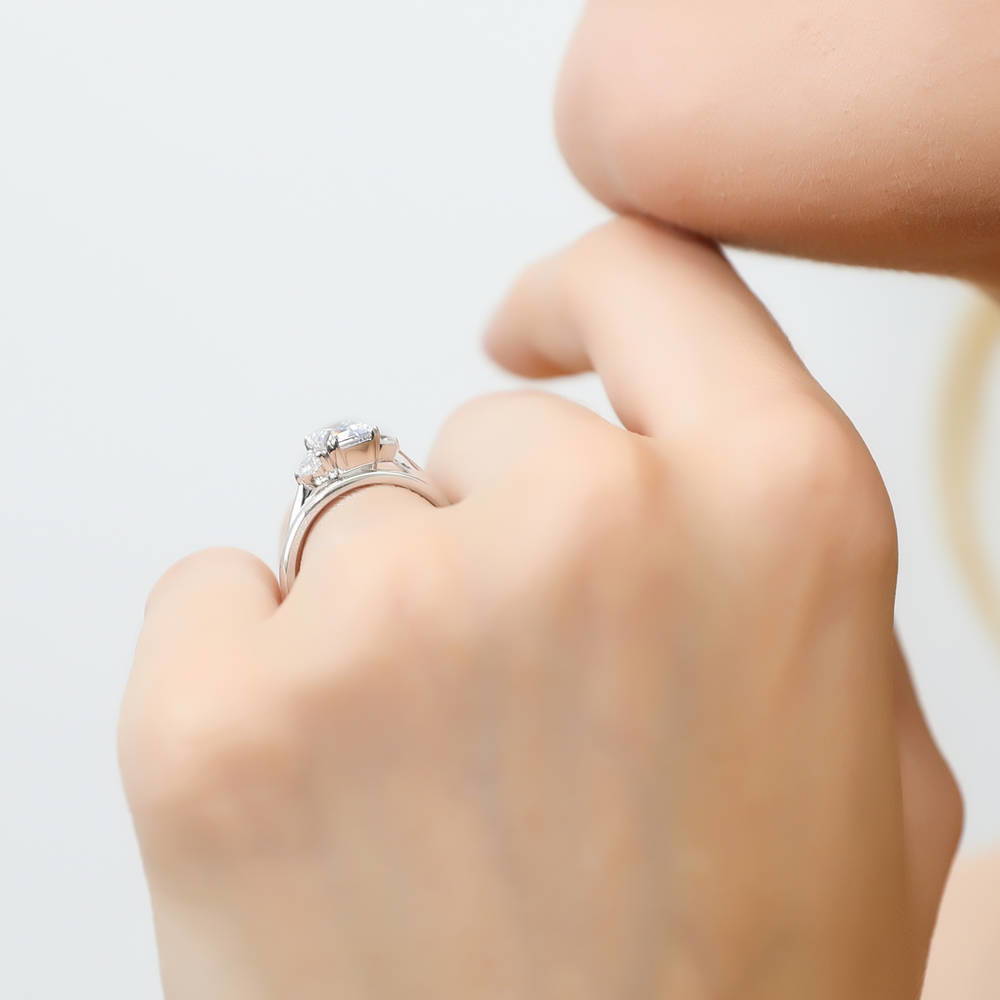 Model wearing 3-Stone 1ct Emerald Cut CZ Ring Set in Sterling Silver, 6 of 12