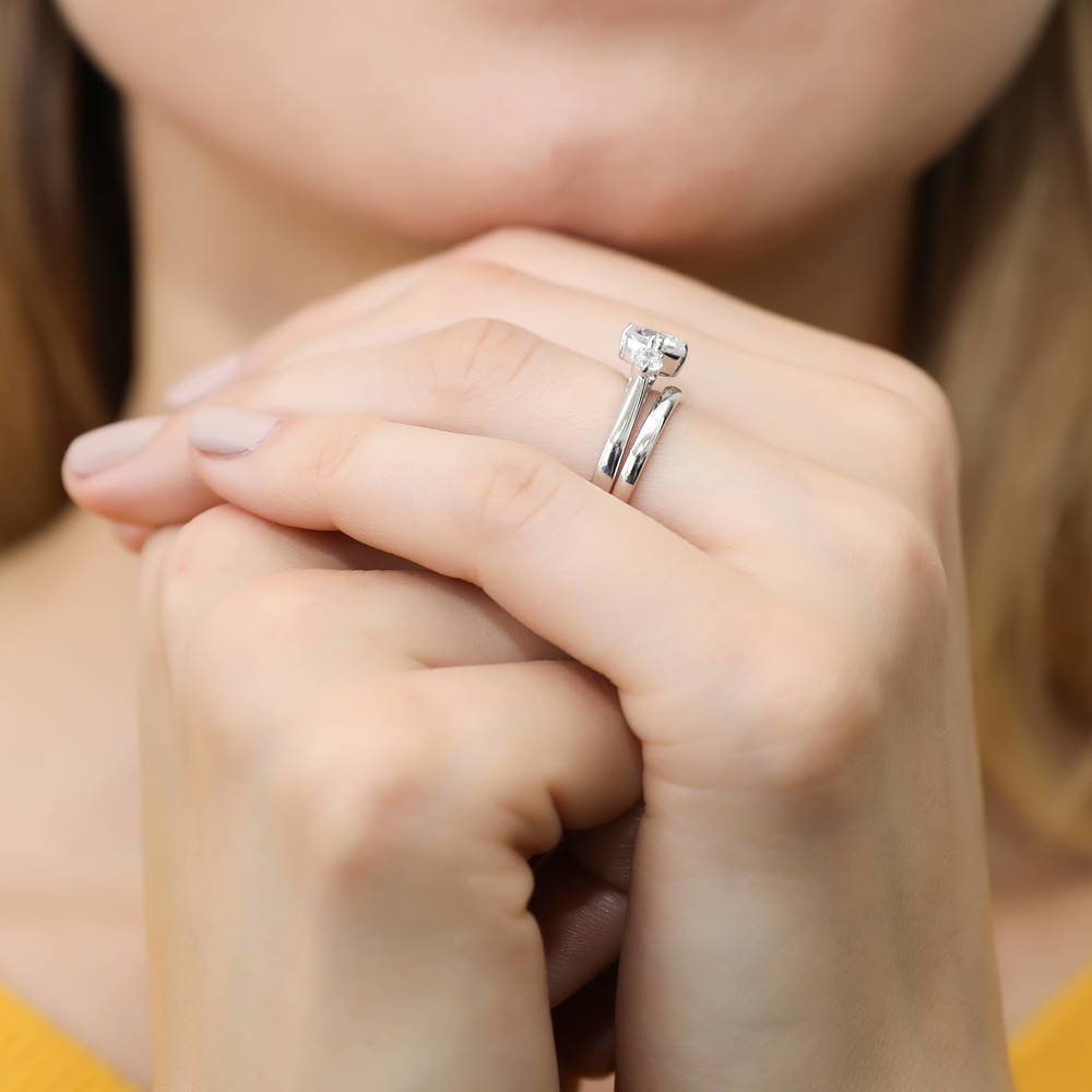 Model wearing 3-Stone 1.25ct Octagon Sun Cut CZ Ring Set in Sterling Silver, 7 of 10