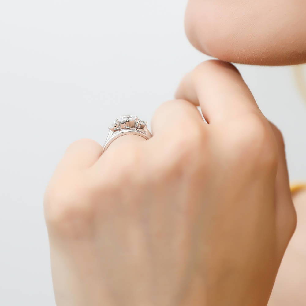 Model wearing 3-Stone 1.25ct Octagon Sun Cut CZ Ring Set in Sterling Silver, 6 of 10