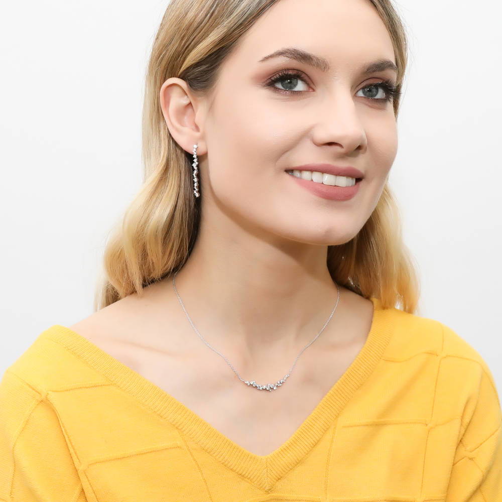 Model wearing Bar Cluster CZ Necklace and Earrings Set in Sterling Silver, 2 of 11