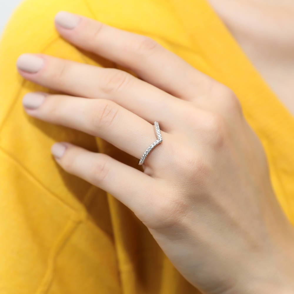 Model wearing Halo Wishbone Pear CZ Split Shank Ring Set in Sterling Silver, 15 of 17