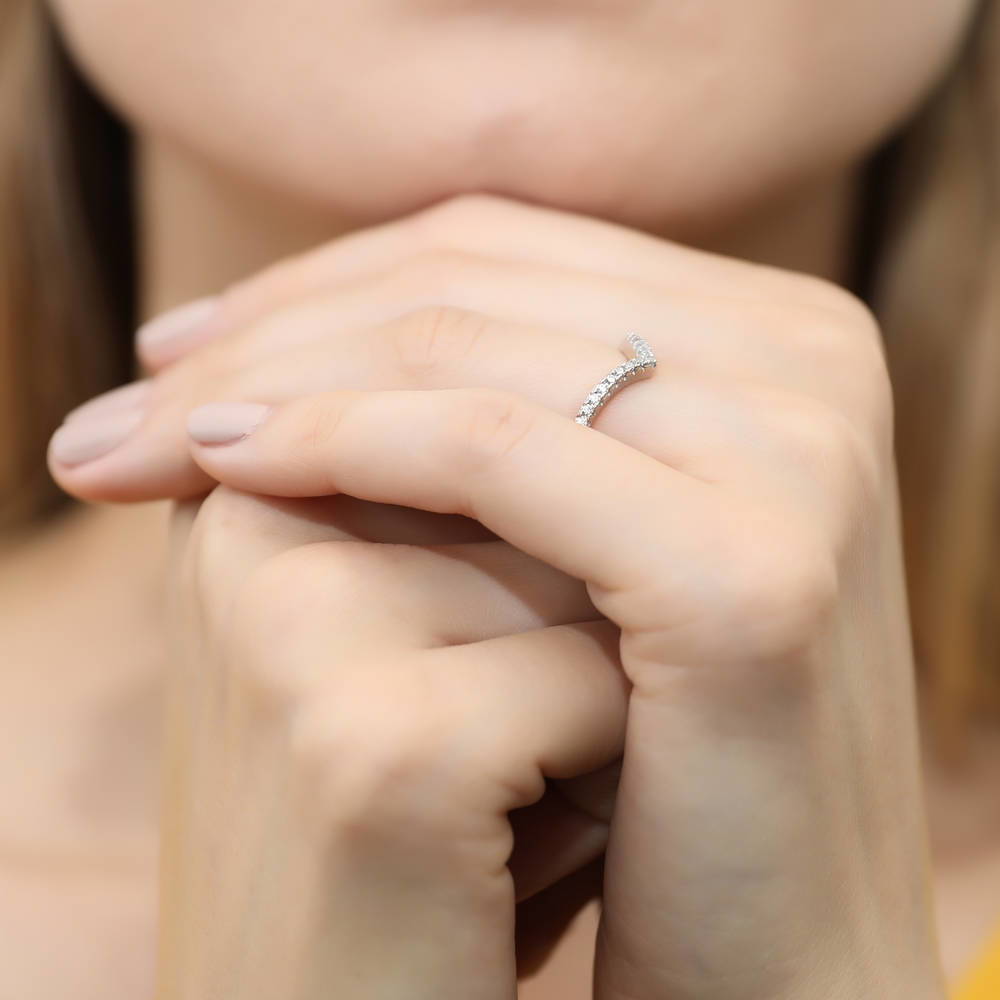 Model wearing Wishbone CZ Curved Eternity Ring in Sterling Silver, 6 of 7